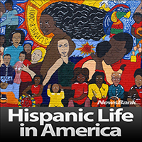 Image of Hispanic Life In America Logo with a multicolor mural that depicts many people of ages with text at the bottom saying "Hispanic Life in America"