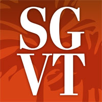 Image of San Gabriel Valley Tribune Logo with a orange background containing palm trees with white text containing the letters "SGVT" taking up the main part of the logo