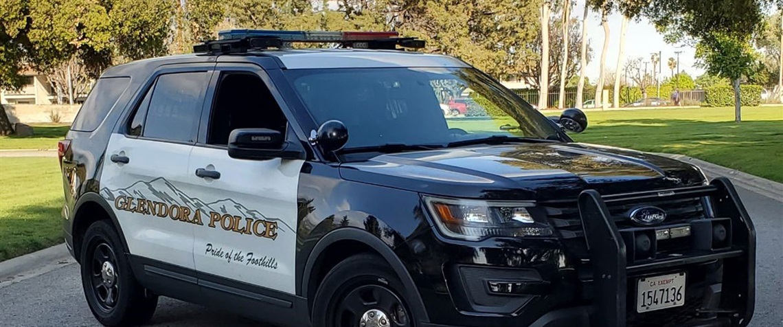 Police car staged near a City park. 