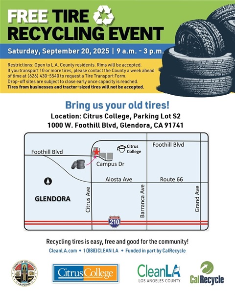 Free tire recycling event on Saturday, September 20, 2025 from 9:00 a.m.  until 3:00 p.m. at Citrus College