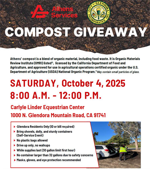 Compost Giveaway Event, Saturday, October 25, 2025 from 8:00 a.m. until 12:00 p.m. at the Carlyle Linder Equestrian Center, 1000 N. Glendora Mountain Rd., Glendora CA 91741